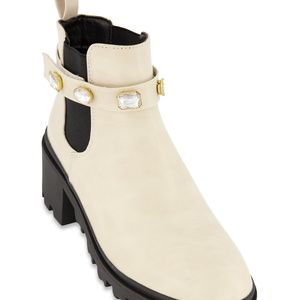 New Rouge Jeweled Velcro Strap Booties - Beige